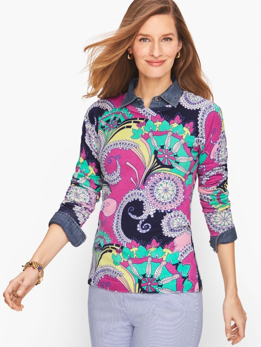 Talbots Paisley Crewneck Sweater Long Sleeve Size XL NWT